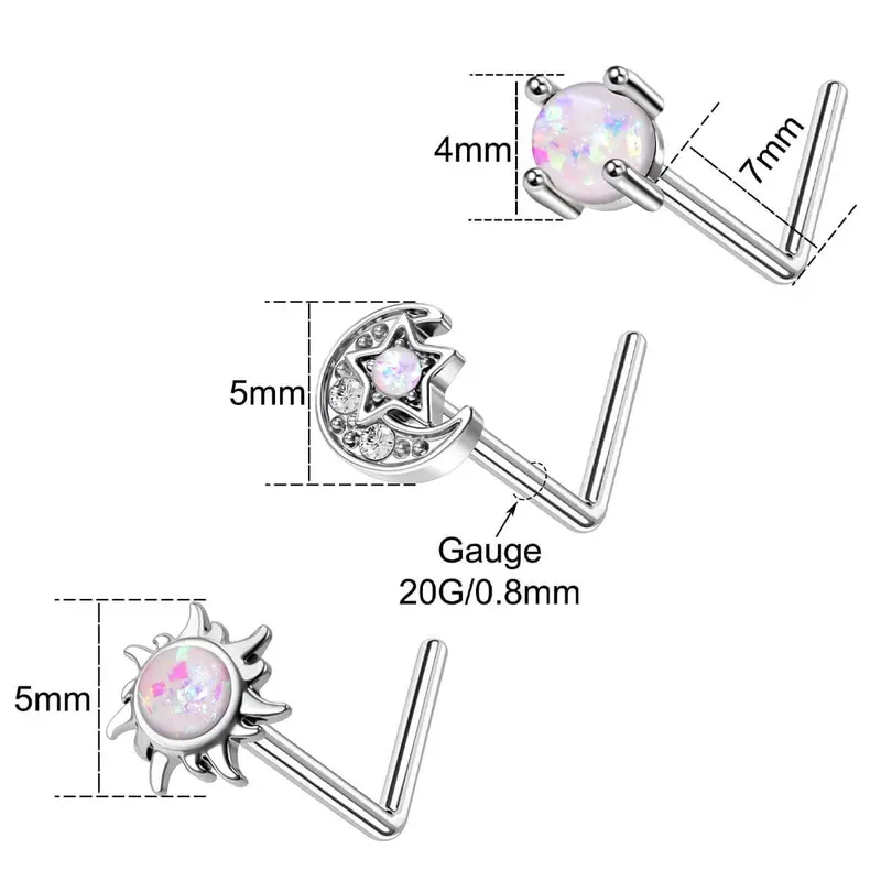 20G 3PCS L-shaped Opal Nose Studs Pack for Women 5