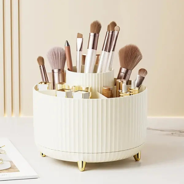 360 Rotating Makeup Organizer - 1pc Plastic Cosmetic Storage with 5 Compartments - Multi-Functional Holder for Brushes, Lipsticks, Skin Care Products, and Stationery - Durable Unscented Desk Caddy with Luxury Stripe Design Boxes black 3