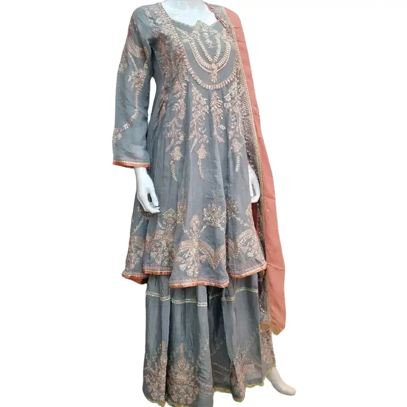 Grey and pink dress with embroidery and hand hand embellished  Womenswear Lady Long Sleeve Comfort Fabric Chiffon 0
