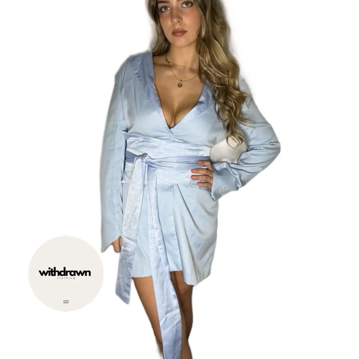 Women's Baby Blue Formal Dress with Blazer Tie - Perfect for Weddings and Special Occasions - Silk Lined - Button