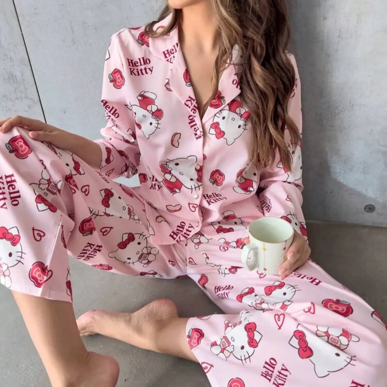 2pcs Hello Kitty Women Button Front Long Sleeve Sleepwear Set With Elastic Waist Shorts Comfort Comfortable Loungewear Pajama Soft Top Womenswear Cute