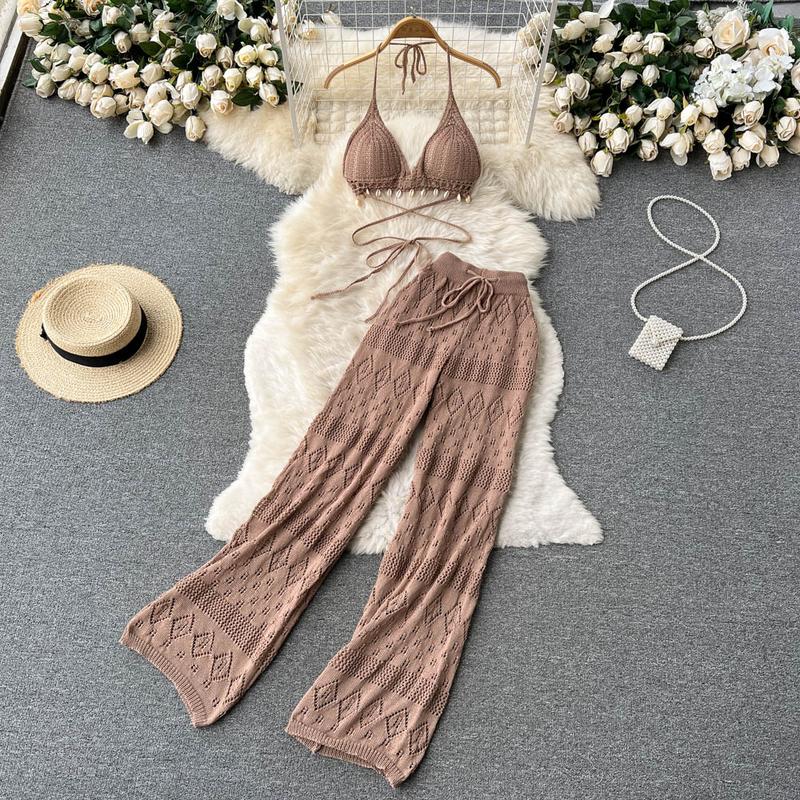 Product Introduction of SINGREINY Women Summer Knitted Set Halter Short Tops+ Hollow Wide Leg Long Pants Sets Shell Beach Sexy Backless Two Piece Suits 15