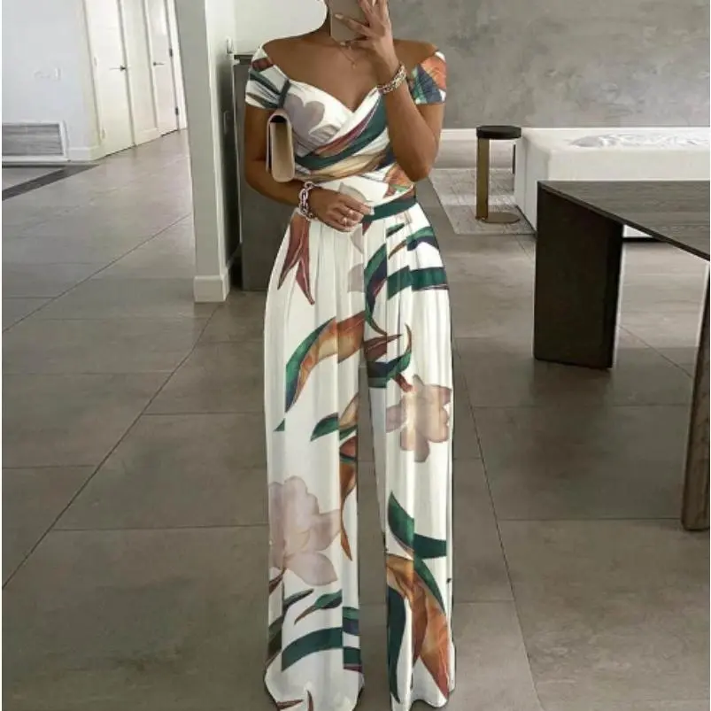 Women's Floral Print Ring Linked Asymmetrical Neck Plicated Jumpsuit, Boho Casual High Waist Wide Leg Jumpsuit for Summer, Summer Clothe