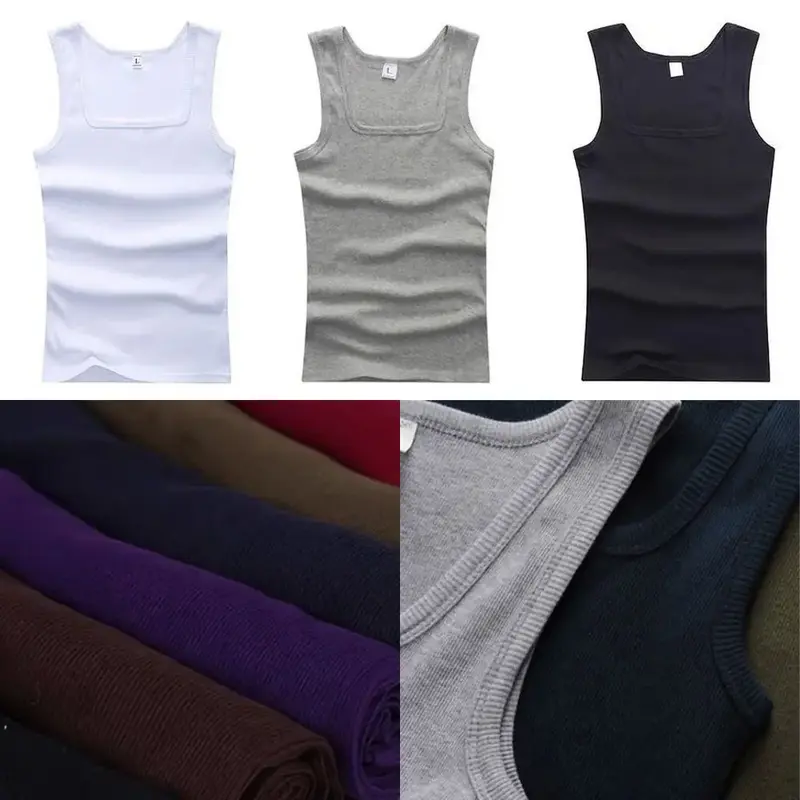Square Neck Muscle Fit Ribbed Tank Top Men Clothing Singlets Basic Elastic Tank Tops Sleeveless Fitness Men Vest 1