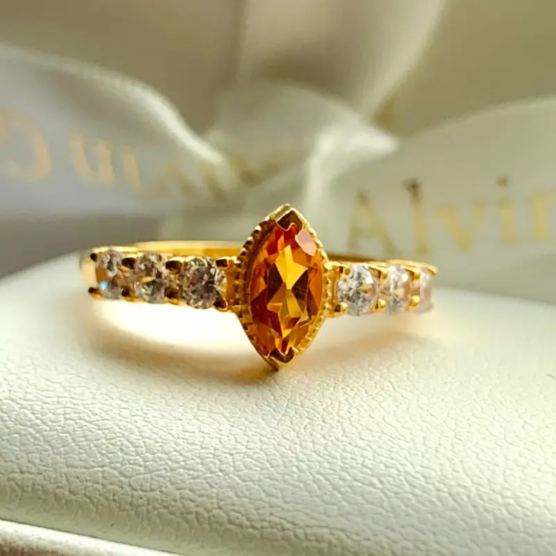 Spellbinding Marquise Faceted Natural Citrine 925 Gold plated Sterling Silver Ring Anniversary Auspicious Birthday Daily Engagement Wedding 0