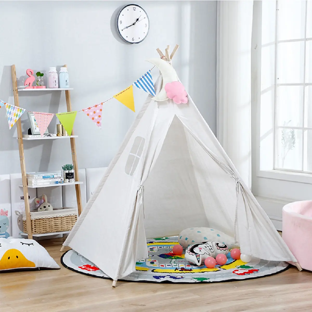 Livingandhome Children Indian Tent Teepee - White/Yellow/Grey/White Square- Indoor Play House for Kids