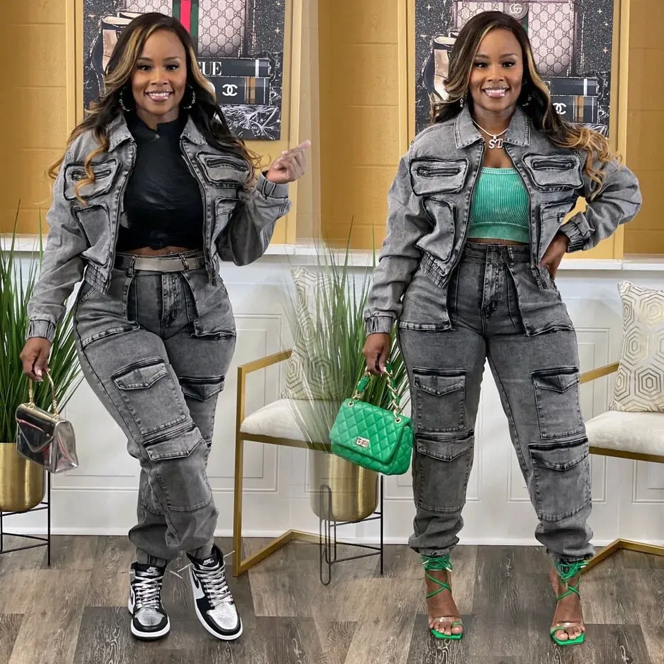 Pant Sets Long Sleeve Women Tracksuit Zipper Denim Coat Cargo Ankle Length Pants Pockets High Street Spliced