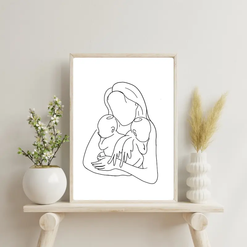Personalised Mother Holding Angel and Earthside Twin Babies Line Art - Infant Loss Keepsake - Room Decor - Wall Print Gift Decoration Poster - Ornaments, Artistic 1