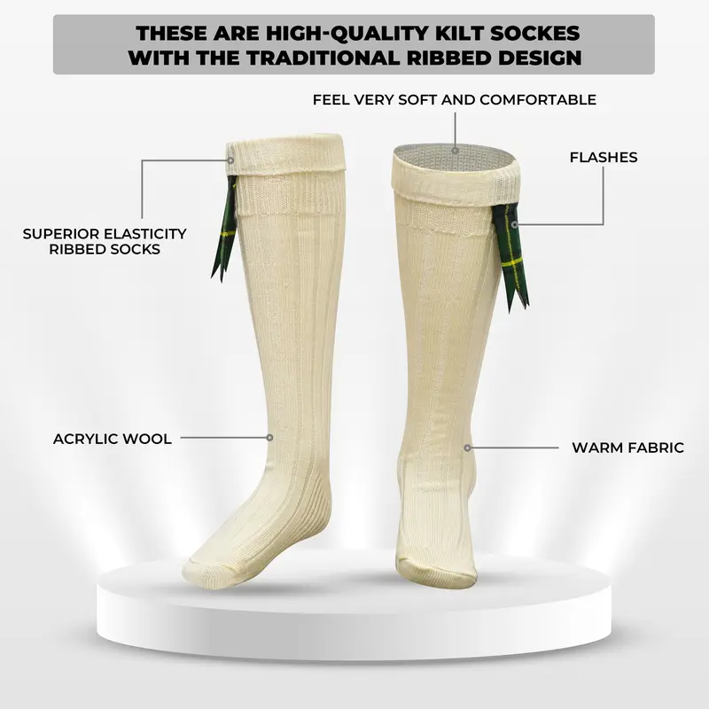 Men's Scottish Wide Calf Wool Blend Kilt Hose Socks Grey Ribbed Socks for USA Shoe Sizes Menswear Natural 2
