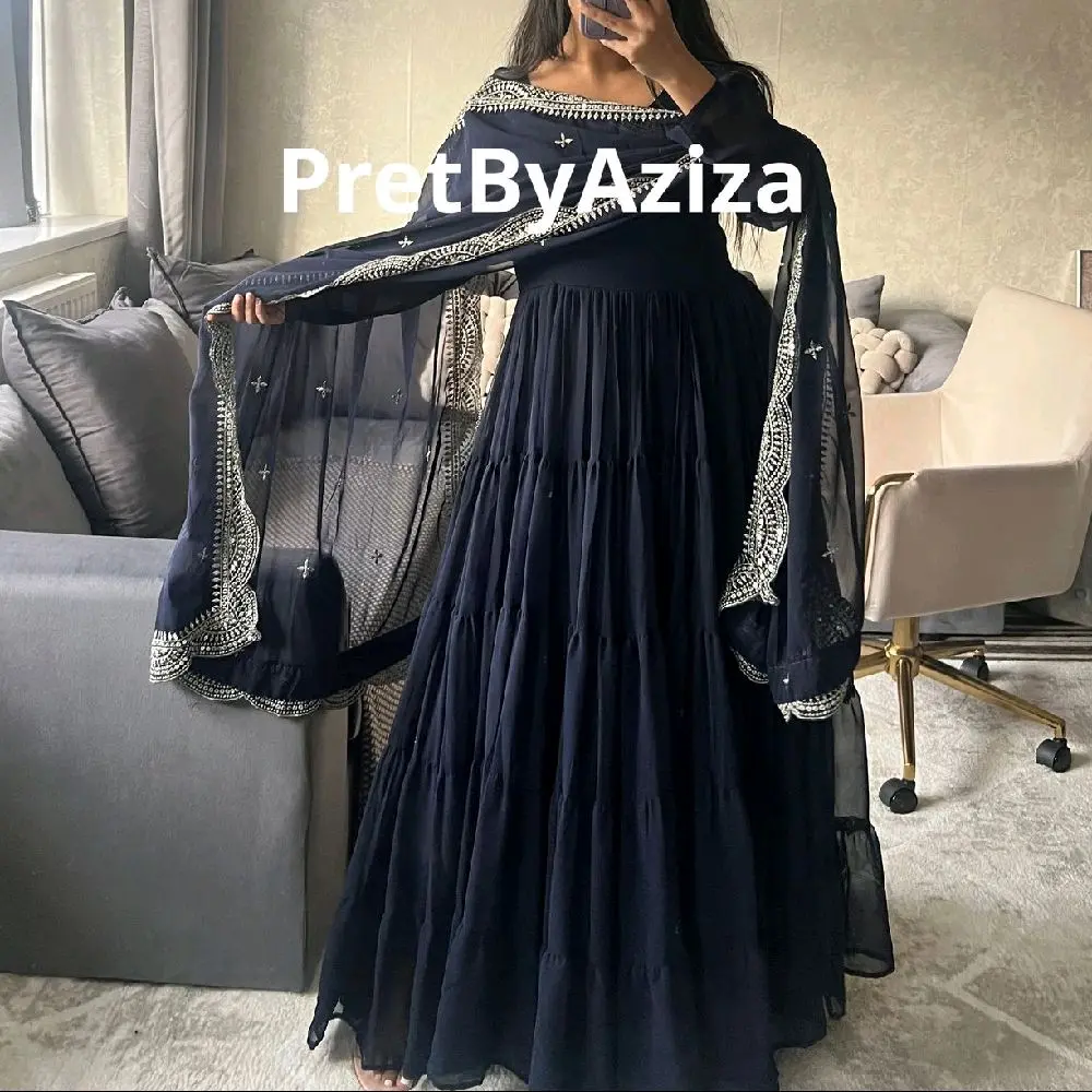 Women's Navy Blue Maxi Dress with Embroidered Dupatta - Long Style - Faux Georgette Material - Comfort, Garment, Medium, Summer
