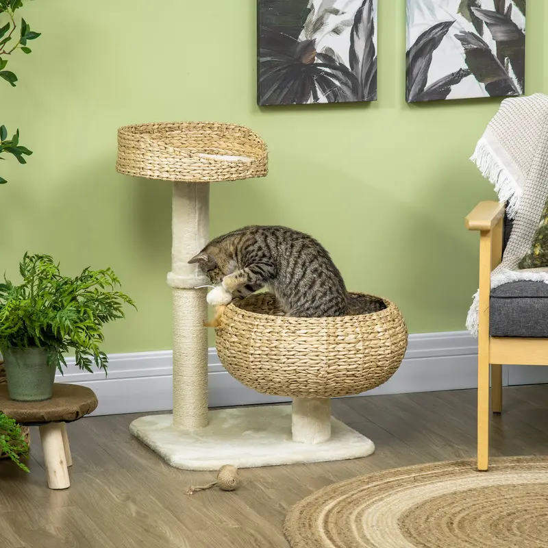 PawHut 72cm Cat Tree Kitten Tower, with Sisal Scratching Post, Two Beds, Toy Ball 1