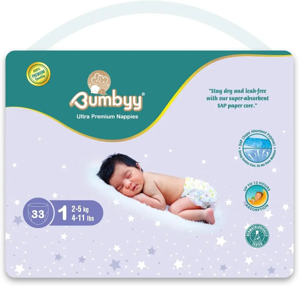 Bumbyy Premium Newborn Nappies Size 1 (2-5kg/4-11lbs) - Chemicals Free and Dermatologically Tested Baby Nappies - Hypoallergenic Soft & Thin Diapers for Most Sensitive Skin - 33 Count