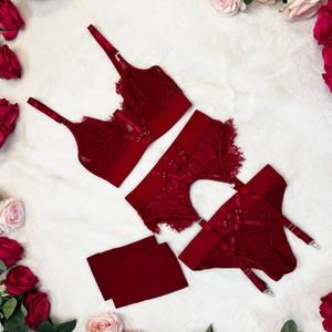 Liliosa Lingerie Poison Ivy  Luxurious High Quality Cherry Red High Waisted Lingerie Set (Clasp Bra +Clasp Garter + Non-Adjustable Pants) Comfortable Everyday Underwear Womenswear, Sexy Lingerie, Summer Spring Lingerie, Tailored Bra and High Waisted Pants