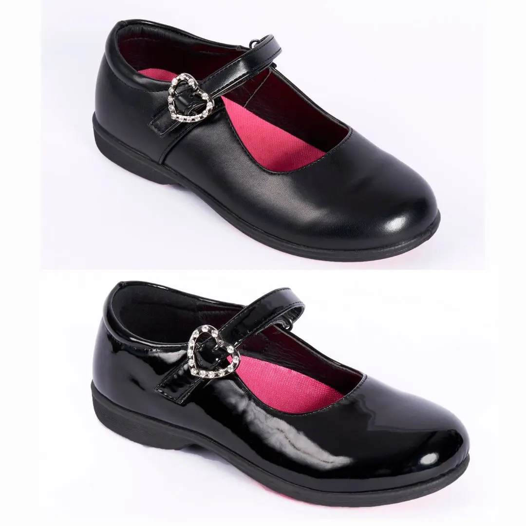 Bella Back To School Shoes Girls Heart Black Patent PU Grip Shoe Sizes