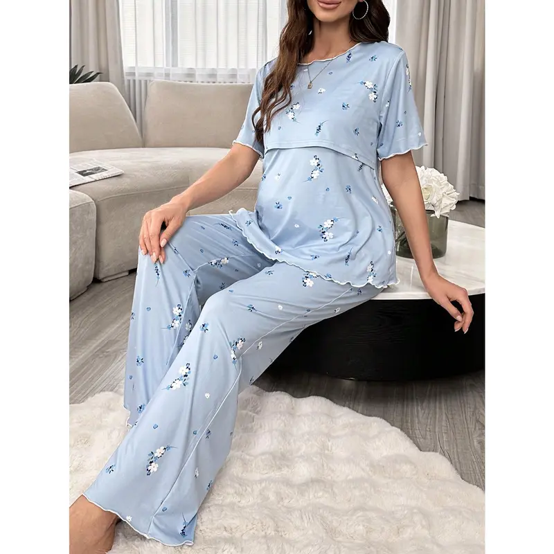 Underwear&Sleepwear Maternity Floral Pattern Nursing Short Sleeve Top And Long Pants Maternity Pajama Set 0