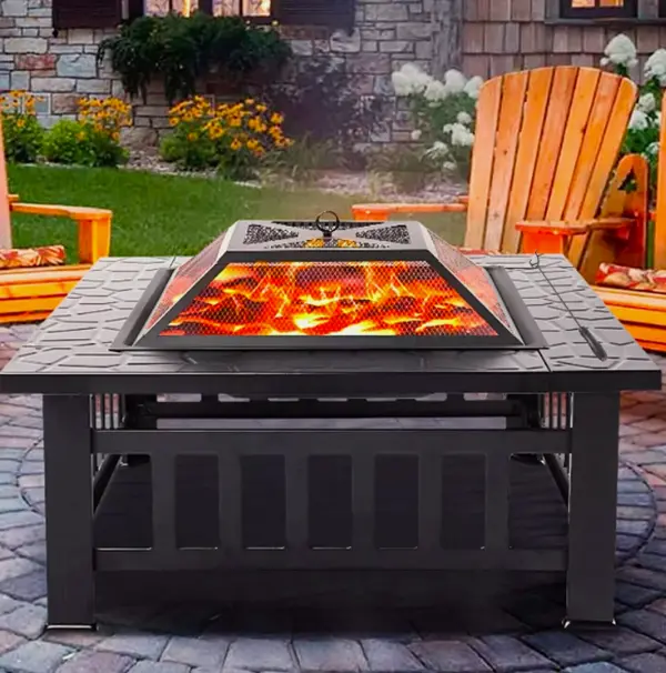 LARGE FIRE PIT BBQ OUTDOOR IRON GRILL SQUARE GARDEN TABLE PATIO LOG BURNER STOVE Sturdy