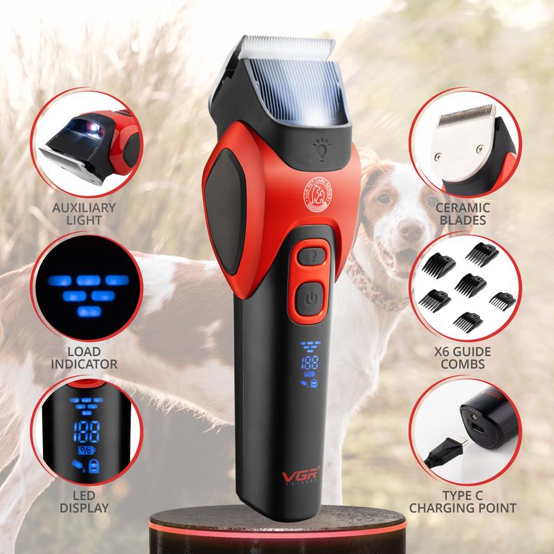 VGR Dog Grooming Clippers Kit Cordless for Thick or Curly Coats - Professional Pet Animal Hair Trimmer with Ceramic Blades - Low Noise Silent Shaver for Cat with Matted Fur, Puppy, Poodle, Cockapoo Groomer Rechargeable via USB-C 180 min Battery 2