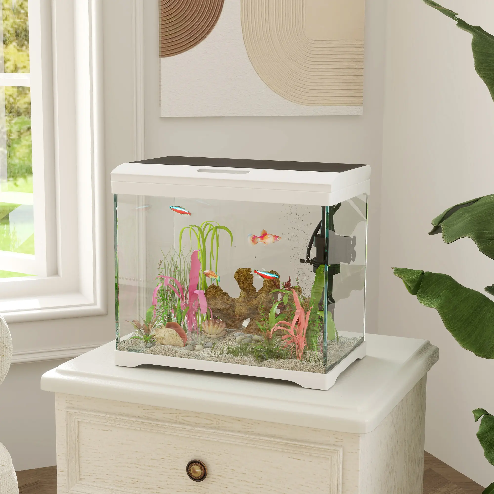 PawHut Fish Tank, Glass Aquarium with Filter System, LED Light, Water Pump, Fish Tank Starter Kits for Betta, Goldfish, Shrimps, Cold Water Fish, White