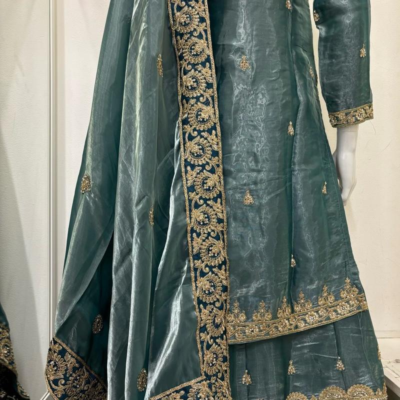 Teal colour Embroidered Farshi Lengha Suits for Women - Gul Wedding Collection (3 Pieces) - Traditional, 6