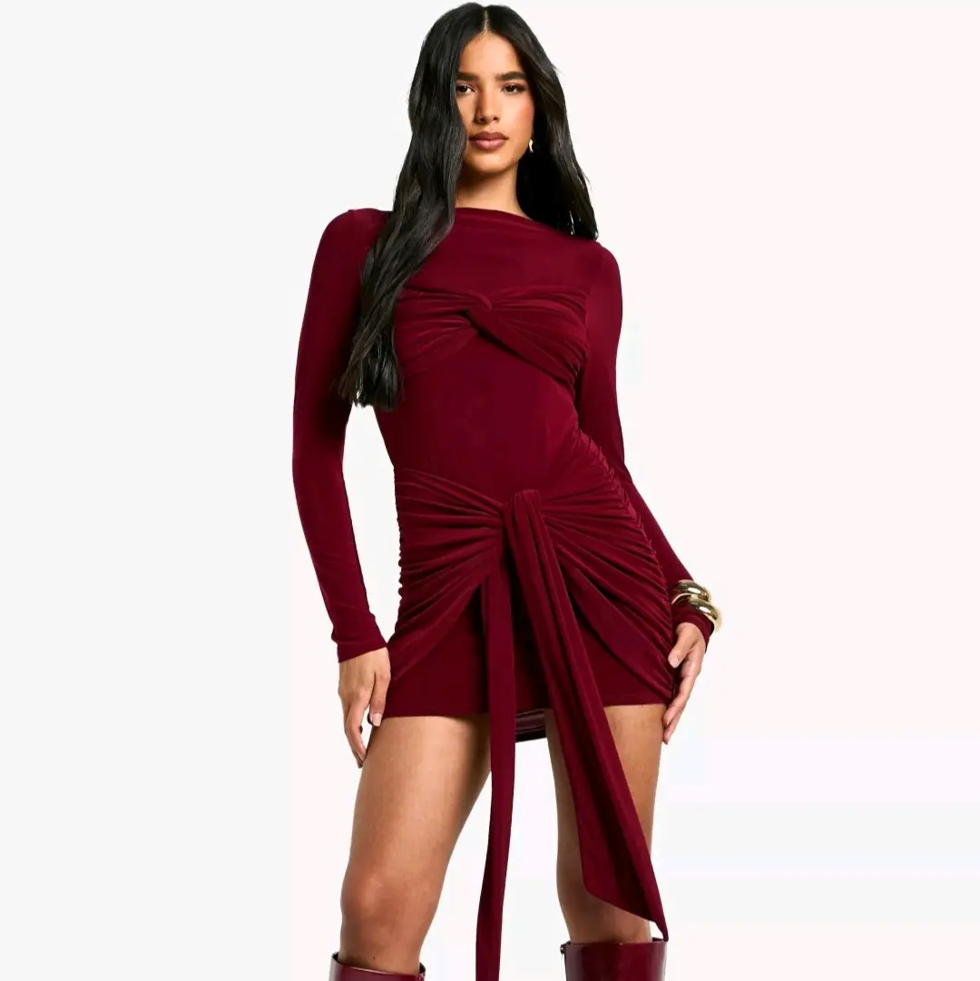 Burgundy Ruched Twist Detail Mini Dress for Women - Casual Summer Womenswear in Comfortable Minimalist Style - Basic