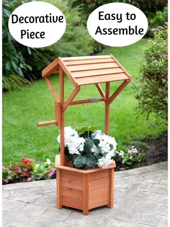 spot on dealz Wishing Well Planter Free Standing Plant Troughs Barrel Outdoor Display Flower Ornament Lawn Porch Decor Wooden Design Decorative Garden Feature 2