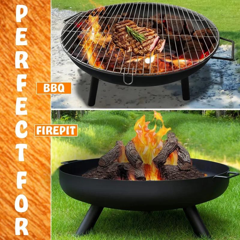 23" Large Round Steel Fire Pit Garden Patio Camping Heater Burner Bowl BBQ Gril Outdoor Fire Pit, Garden Patio Heater Charcoal Log wood Burner for BBQ Camping Picnic Patio Steel Fire Bowl Grill 7