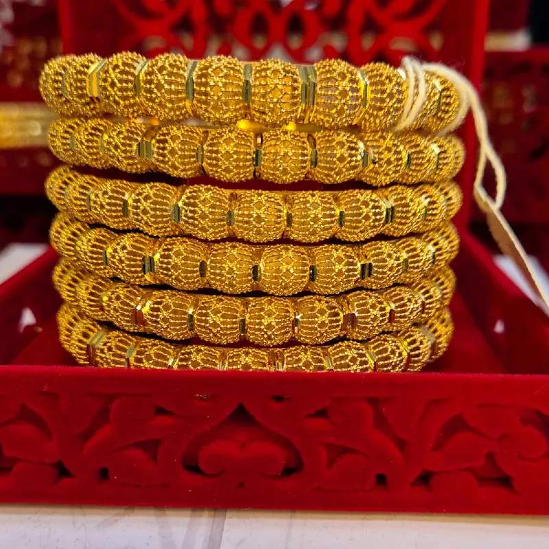 A5 -A6 New Designs 24k Original Plating Gold Look Bangles - Same Gold Style, Set of 5 Bangles size 2.4-2.12 available 2