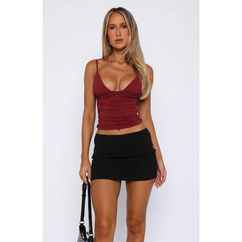 Product Introduction of Women's Solid Backless Ruched Crop Cami Top, Classy Going Out Tops, Casual Adjustable Spaghetti Strap Sleeveless Top for Summer, Women's Clothing for Beach Holiday, Tops for Women, Club L Sizing UK, Weekday Fitted Top 8