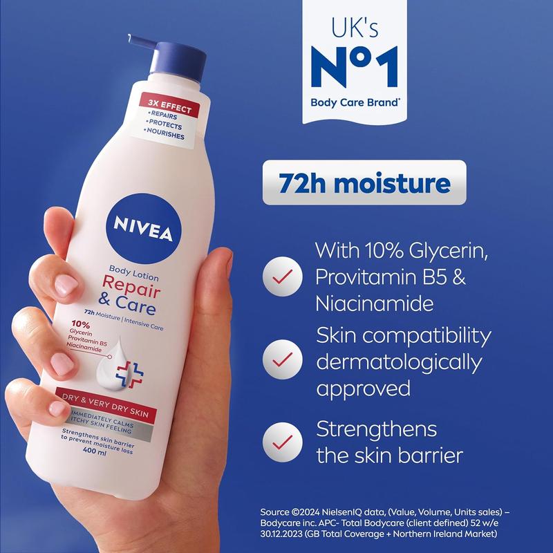 NIVEA Body Repair & Care (400 ml), (Pack Of 3) 72H Moisture Body Lotion with Strengthening Formula, Skin Barrier Strengthening Moisturising Cream, Body Lotion for Dry Skin, With Niacinamide and Glycerin Moisturizer Daily 2