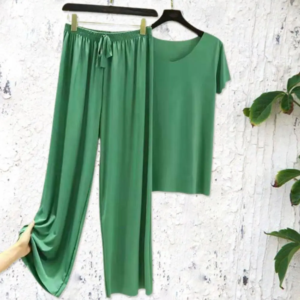 Trendy Summer T-shirt Pants Set Loose Elastic Waist Women Top Trousers Set Stretchy Waist Summer T-shirt Pants Set