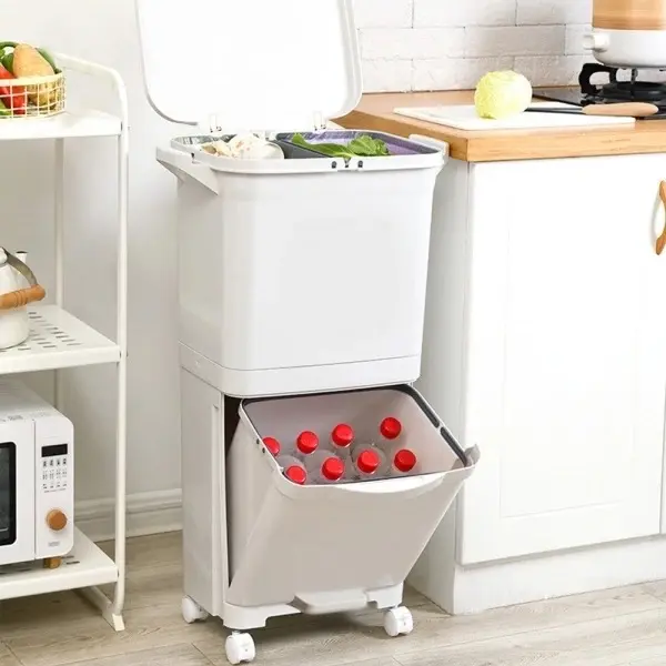 38L Pedal Recycling Waste Bin for Kitchen - 2 Compartments With Wheel - Household Bin with Pressed Cover