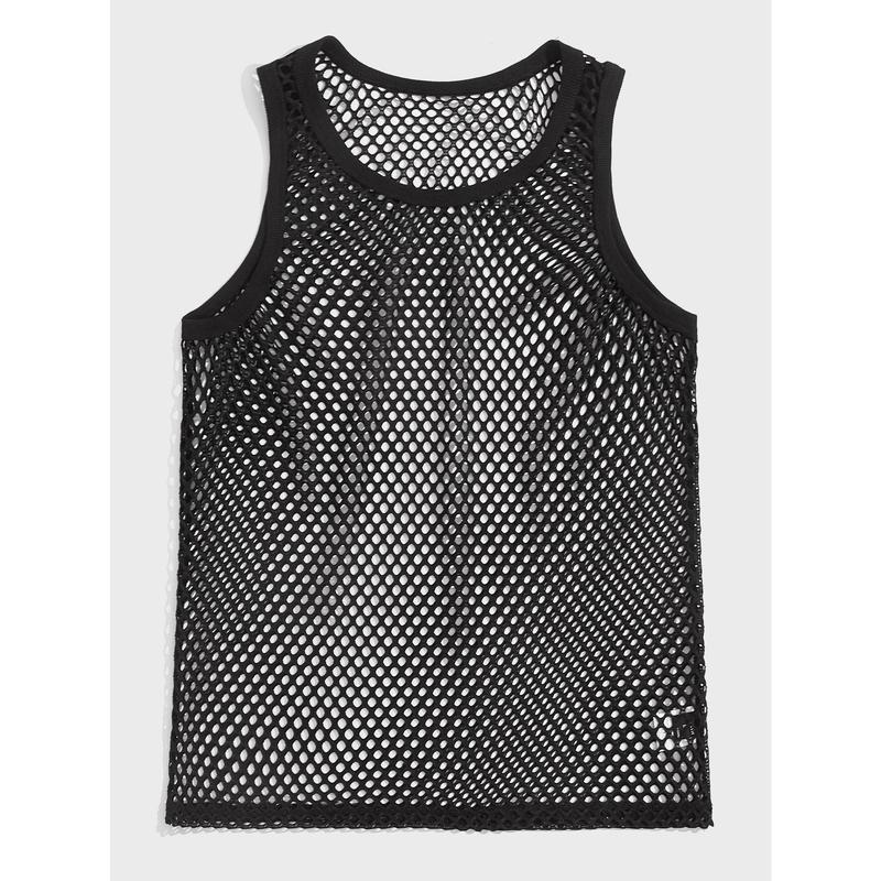 FeverCity Men Scoop Neck Sheer Sleeveless Tank Top, For Rave Outfit, Going Out, Boyfriend Gift Menswear Fabric 2