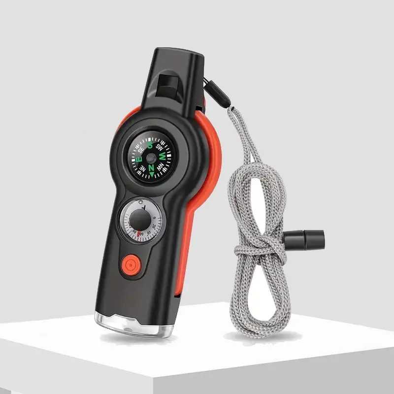 7in1 Outdoor Multifunctional Survival Whistle Flashlight Reflector Magnifying Glass Storage Compartment Compass Thermometer for walking, hiking, exploring, camping, scouts, days out, safety, men, women, kids, all ages, lakes, sailing, holidays, beach days
