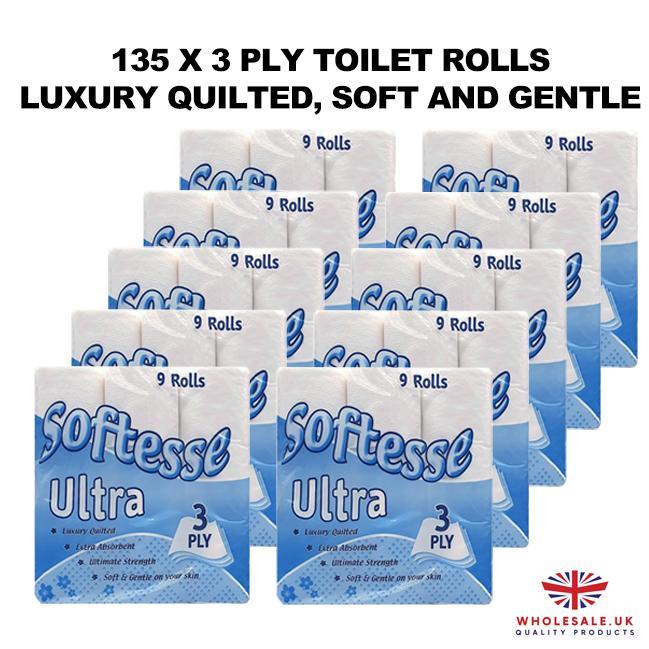 135x Toilet Rolls 3ply 9x5 Rolls, Luxury Quilted, Soft and Gentle, Flushable Eco-friendly Disposable Sustainable, Family Sheets Wipes soft bathroom Scented 0