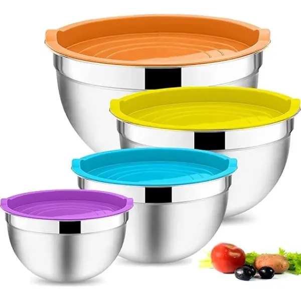 4 Set of Mixing Bowl with Airtight Lid, Salad Nesting Bowl, Large Metal Mixing Bowl, Stainless Steel Mixing Bowls for Baking/Cooking/Serving/Storage Tableware Stylish