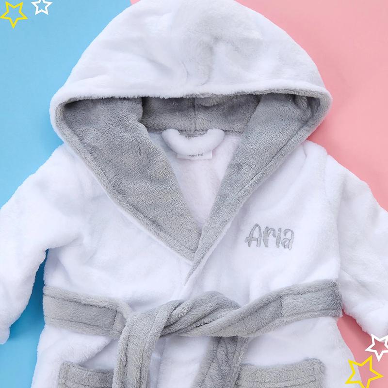 Personalised Unisex Baby Hooded Dressing Gowns Plush Fleece 6-12 12-18 18-24 Robe White Baby Boys Girls Cosy Soft Warm Bathrobe Wrapping Robe for Babies UK 5