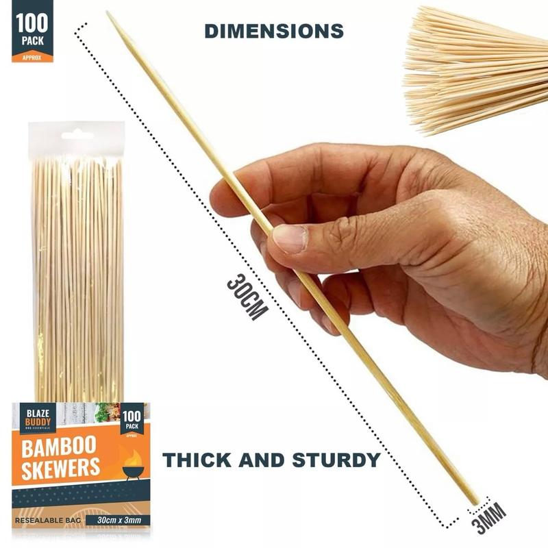 100 Bamboo Skewers BBQ 30cm 12" Kebab Fruit Chocolate Fondue Grill Wooden Stick Barbecue Utensils 4