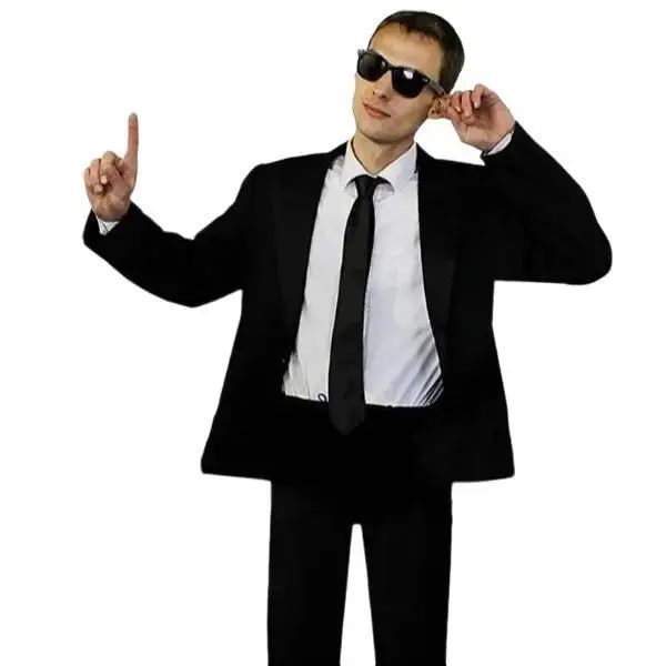 Men's Black Suit Secret Agent Costume with Black Glasses, Tie, Elasticated Waistband and Matching Trousers - Big, Jacket MIB Adults