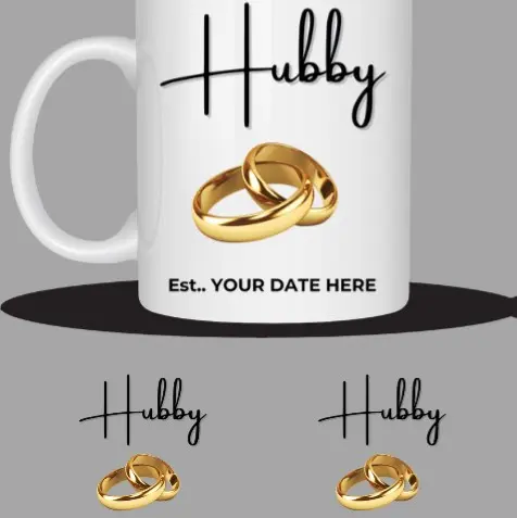 CUSTOMISED HUBBY  AND WIFEY MATCHING MUGS PERFECT FOR ANNIVERSARY OR WEDDING GIFT, personalised with name or date, various designs available 1