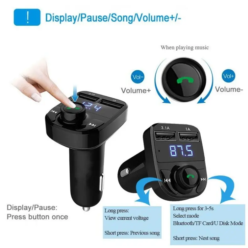 Hot sell wireless Car FM transmitter mp3 player with dual USB 5V1A Fast charging Colorful LED lighting modulator player 3