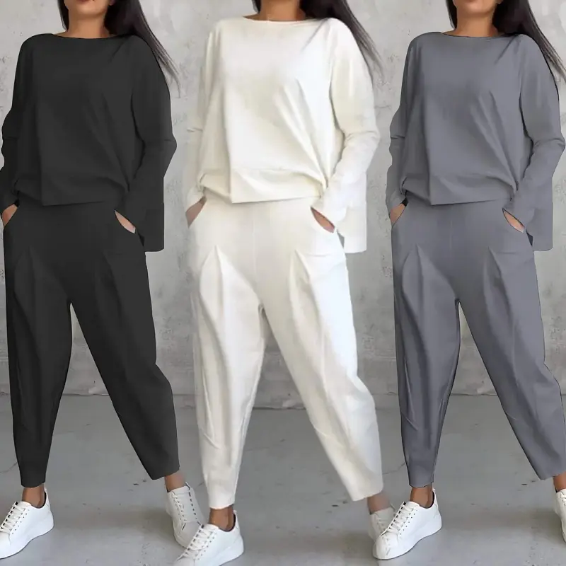 Plus Size Spring Fall Women's Clothing Ladies Solid Color O Neck Long Sleeve T Shirt Pocket Pants Casual Two Piece Women Set