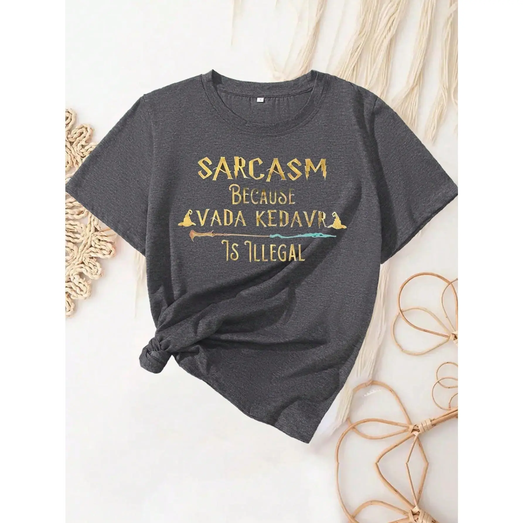 LUNE Women's Summer Short Sleeve Casual T-Shirt With Letter Print Round Neck SARCASM Graphic Tees Women Tops