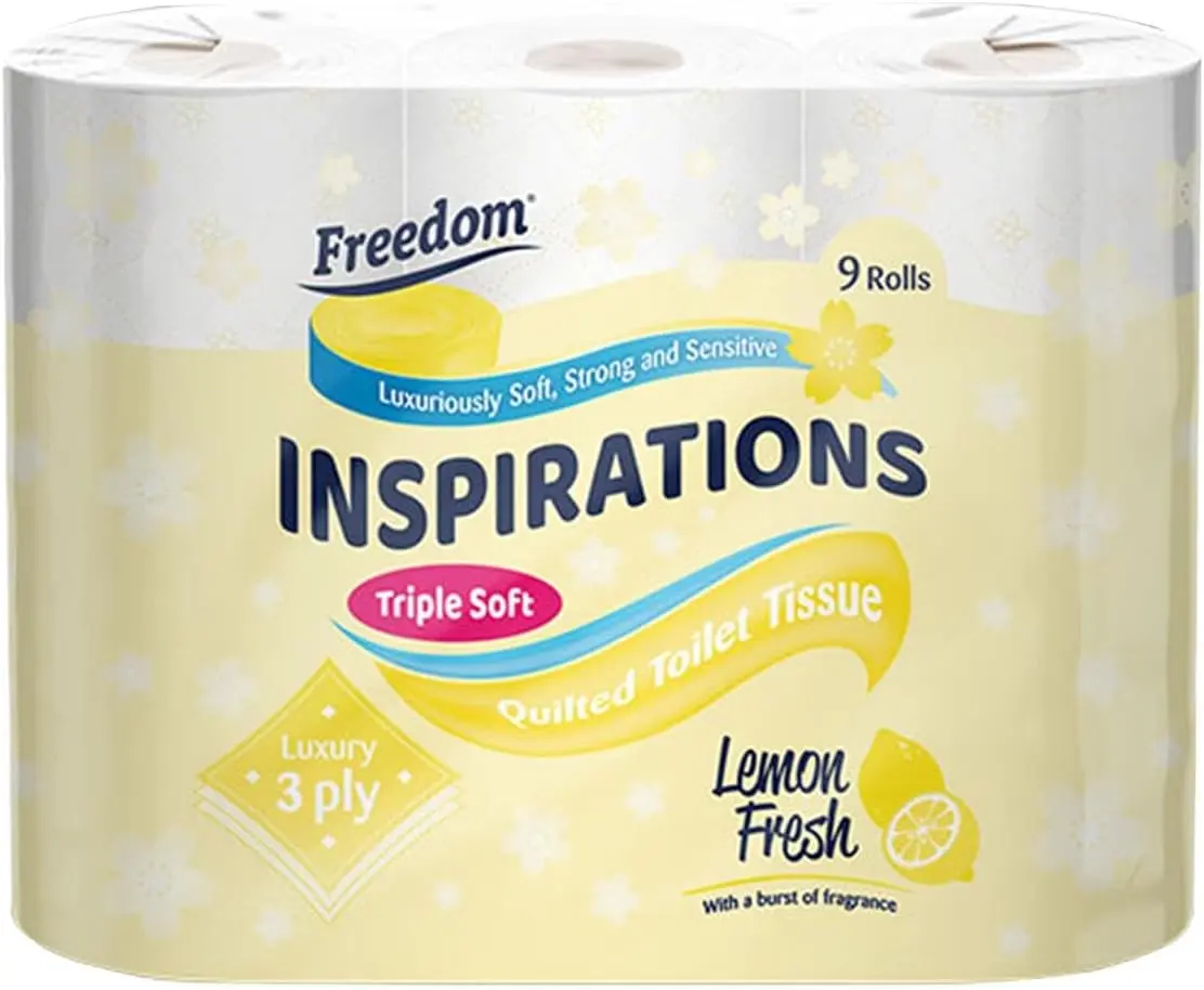 Inspirations Luxury 3Ply Toilet Roll - Lemon Fresh Triple Soft and Scented Hygiene Bulk White Toilet Tissue and Loo Rolls Wipes Pack Sheets