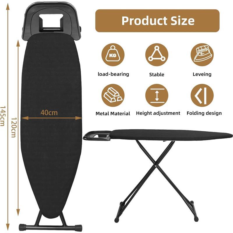 Ironing Board - 120 x 40cm Ironing Board Table Folding Metal Iron,Lightweight Iron Board Rack Foldable Non Slip Adjustable Height (Black)  Cloth Accessories Cover Pad 5