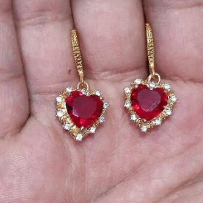 gold colour filled pink heart earrings,viral golden pink earrings,rose pink golden earrings,crystal earrings,gift for her, graduation gift, wedding gift, birthday gift, antique golden heart earrings. 6
