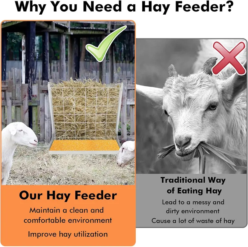 COSTWAY - Livestock Hay Rack, Large Capacity Hay & Grain Feeder with Food Saving Grid, Double Adjustable Hooks, Wall-Mounted Metal Forage Rack for Goats, Sheep, Horses, Rabbits 4