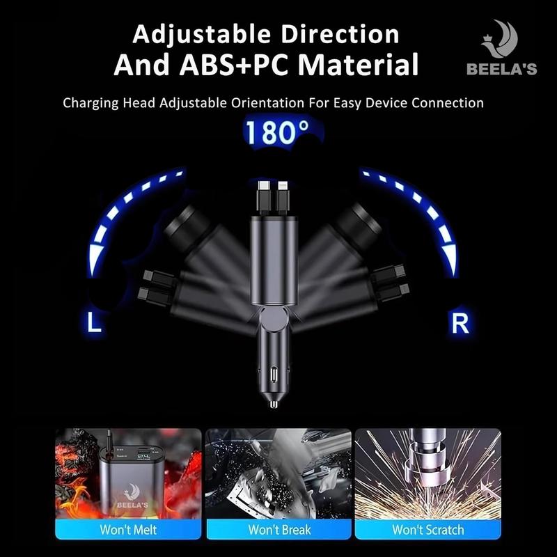 120W Retractable Car Charger, 4 in 1 Fast Car Charger Adapter with USB/USB-C Ports & 2 Retractable Cables, Car Phone Charger For iPhones, Samsung Galaxy, Google Pixel, Sony, Xiaomi, OnePlus 6
