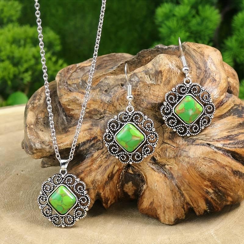 Boho Style Jewelry Set with 3-Piece Earrings and Necklace, Inlaid Green Gemstone and Cute Flower Edge - Great Gift for Her 1