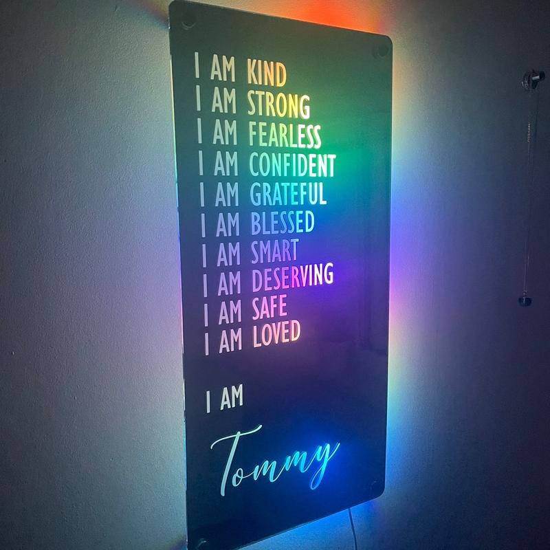 Custom Affirmations LED Name Mirror | Personalised Light Up Mirror Sign | Light Up Wall Sign | I AM Mirror | Multiple Colour Options | Remote Included 1