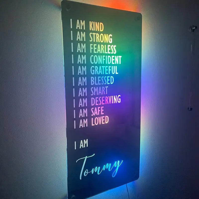 Custom Affirmations LED Name Mirror | Personalised Light Up Mirror Sign | Light Up Wall Sign | I AM Mirror | Multiple Colour Options | Remote Included 1